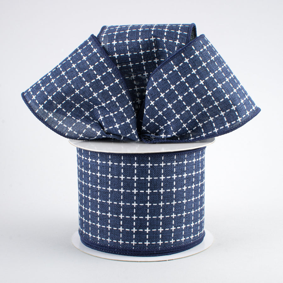 2.5" Stitched Squares Ribbon: Navy Blue & White (10 Yards)