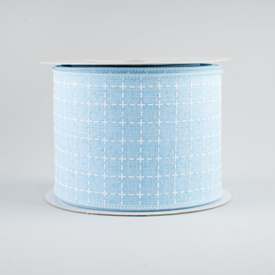 2.5" Stitched Squares Ribbon: Pale Blue & White (10 Yards)