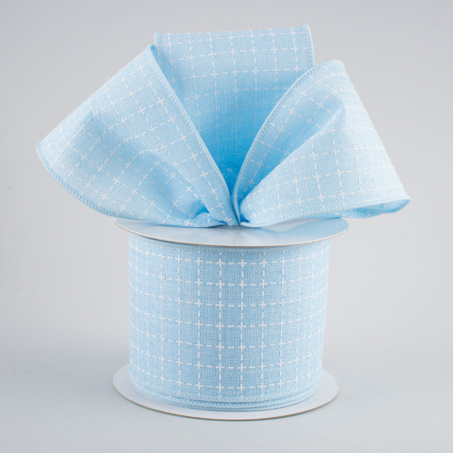 2.5" Stitched Squares Ribbon: Pale Blue & White (10 Yards)