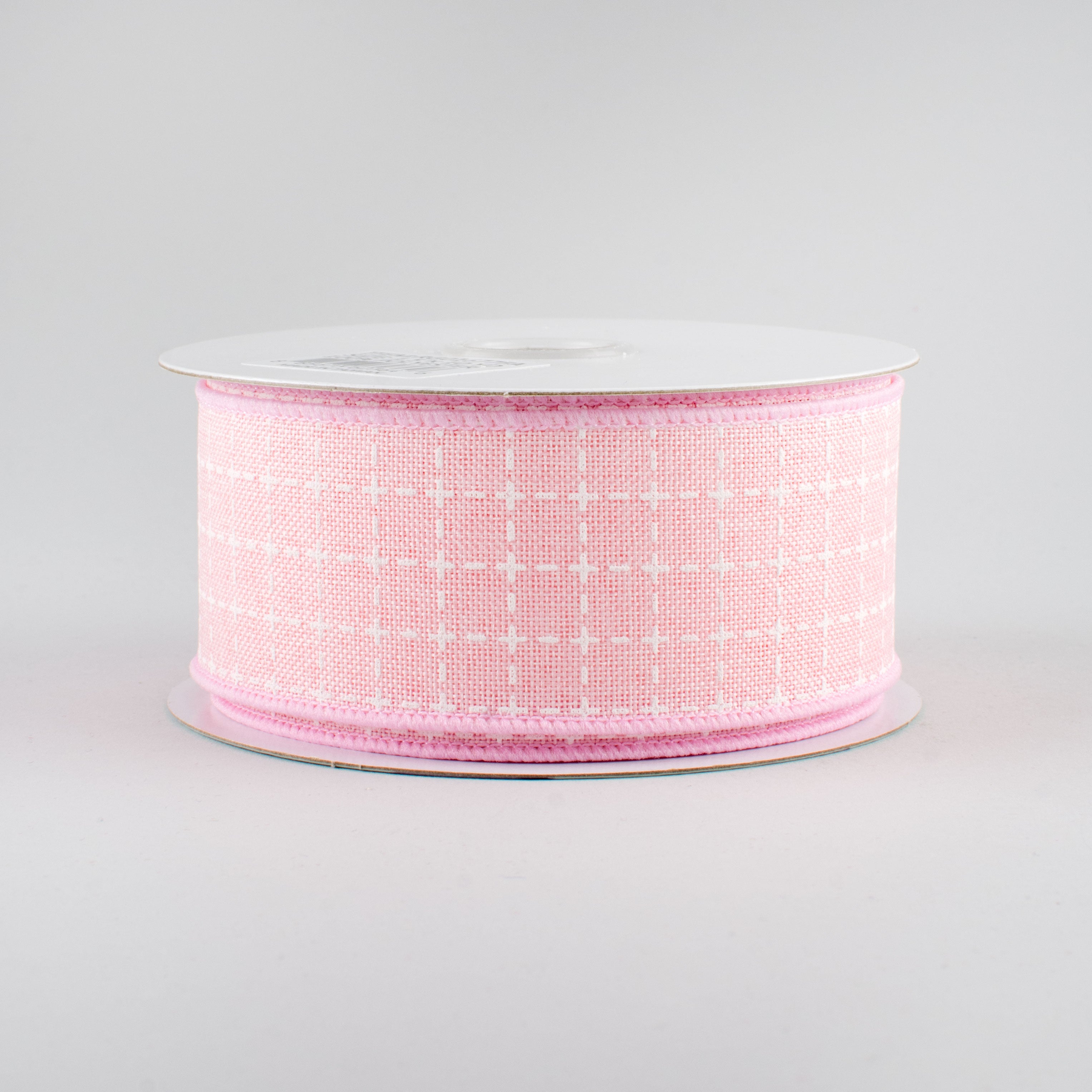 1.5" Stitched Squares Ribbon: Pale Pink & White (10 Yards)