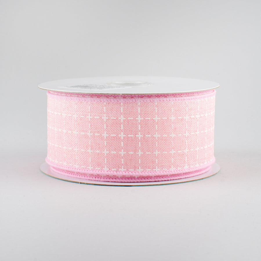 1.5" Stitched Squares Ribbon: Pale Pink & White (10 Yards)