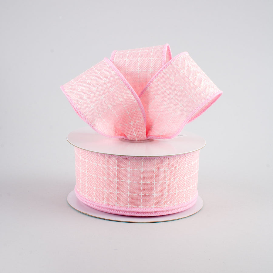 1.5" Stitched Squares Ribbon: Pale Pink & White (10 Yards)