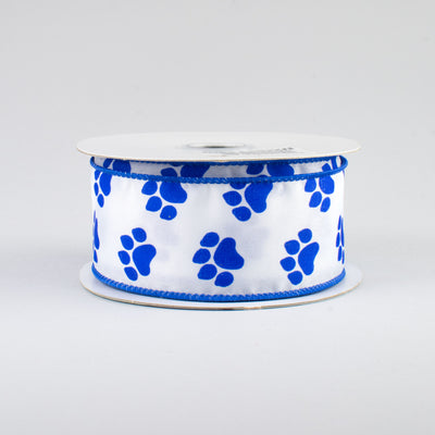 1.5" Satin Paw Print Ribbon: Blue & White (10 Yards)
