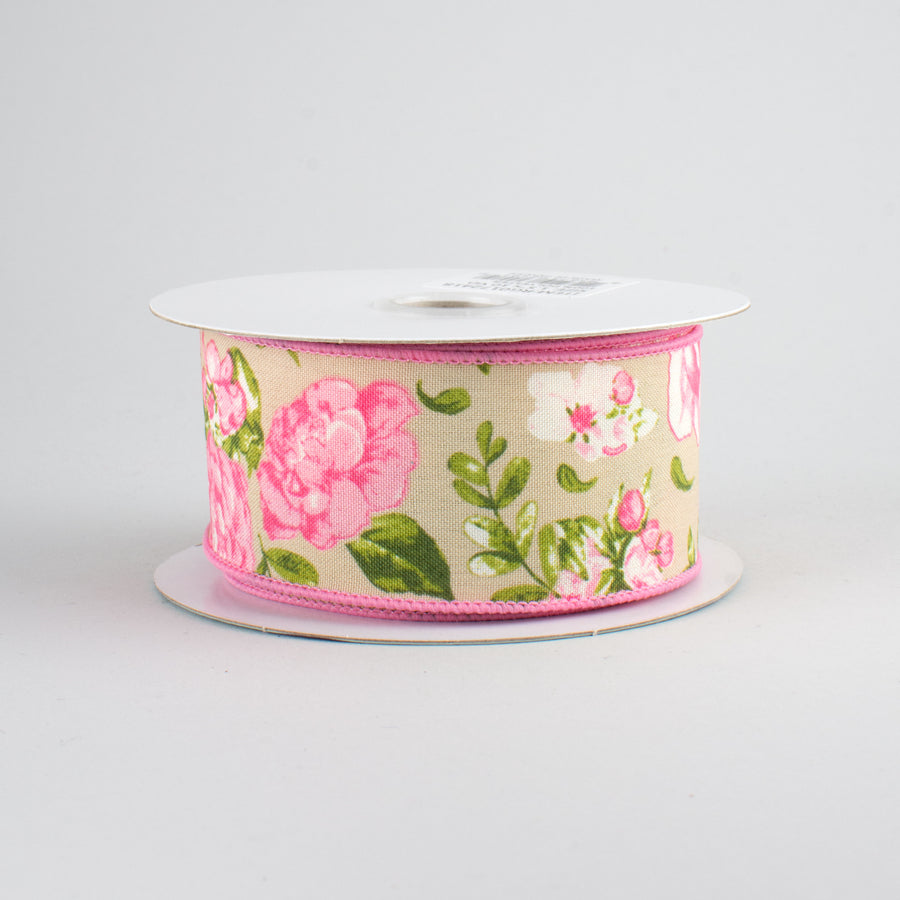 1.5" Rose Floral Ribbon: Natural (10 Yards)