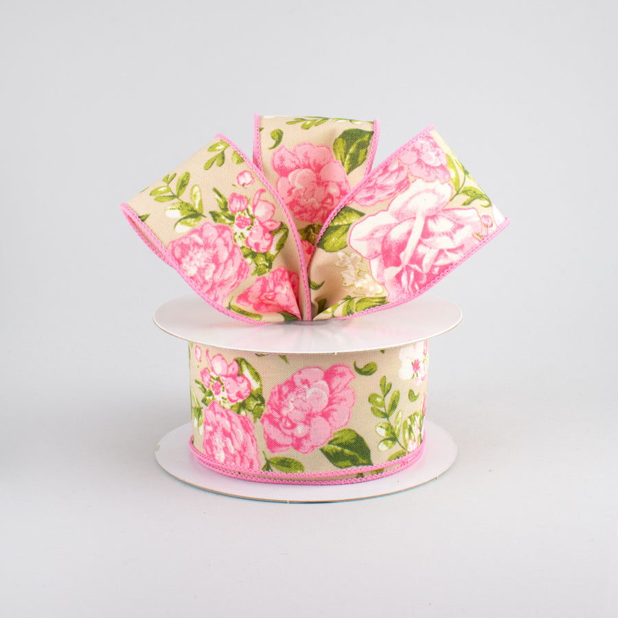 1.5" Rose Floral Ribbon: Natural (10 Yards)