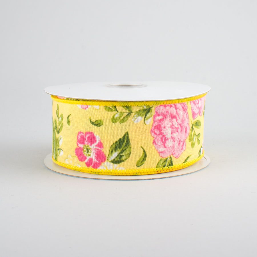 1.5" Rose Floral Ribbon: Yellow (10 Yards)