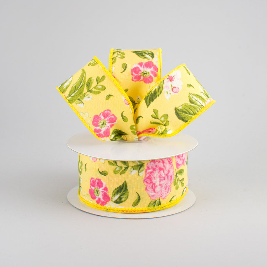 1.5" Rose Floral Ribbon: Yellow (10 Yards)