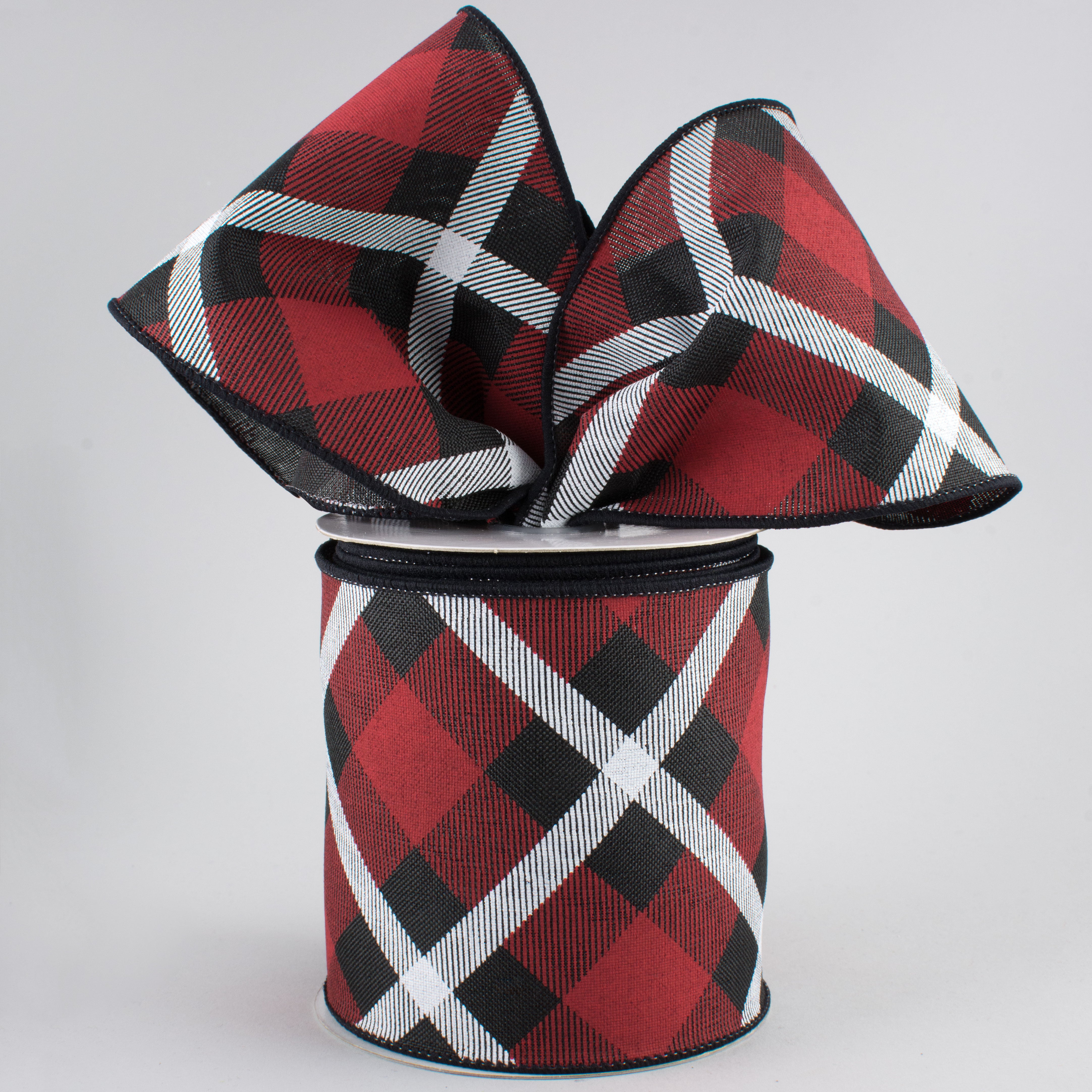 4" Printed Plaid Ribbon: Black, Red, White (10 Yards)