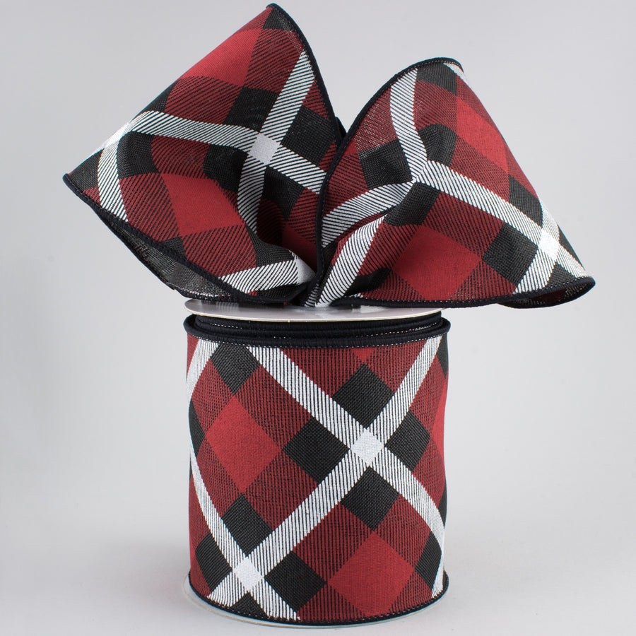 4" Printed Plaid Ribbon: Black, Red, White (10 Yards)