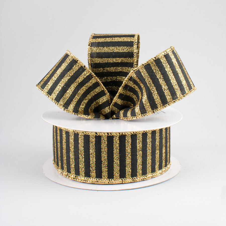 1.5" Glitter Stripe Canvas Ribbon: Black & Gold (10 Yards)