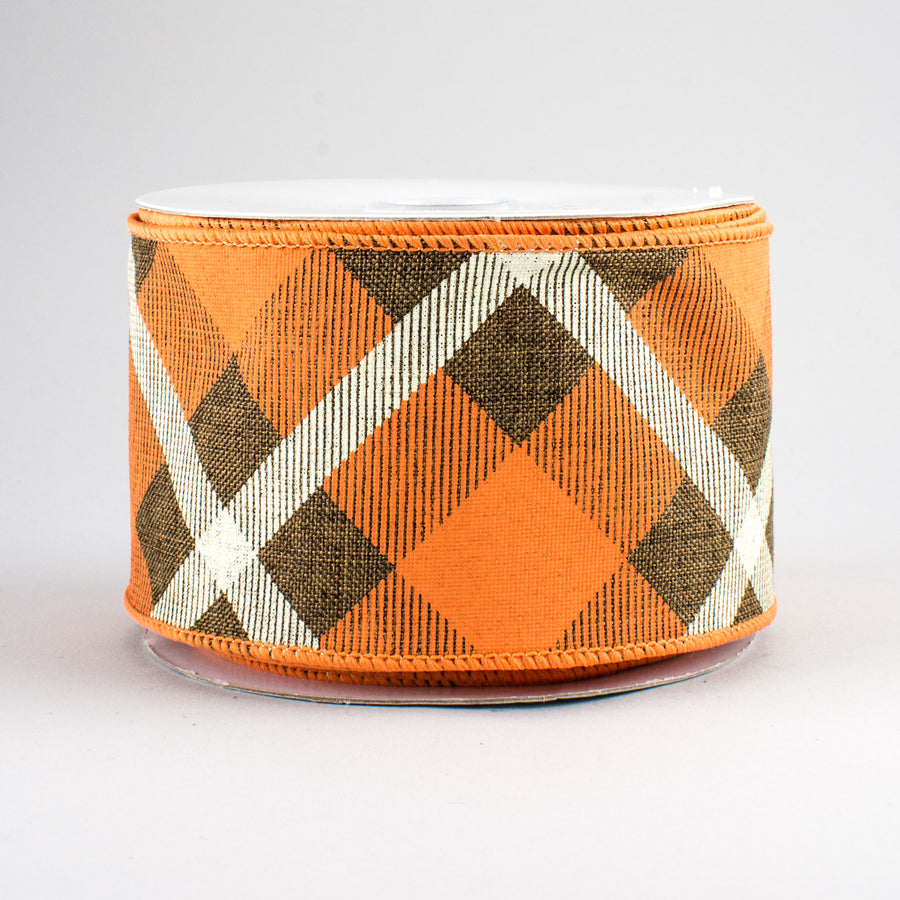 2.5" Printed Plaid Ribbon: Brown, Orange, Cream (10 Yards)