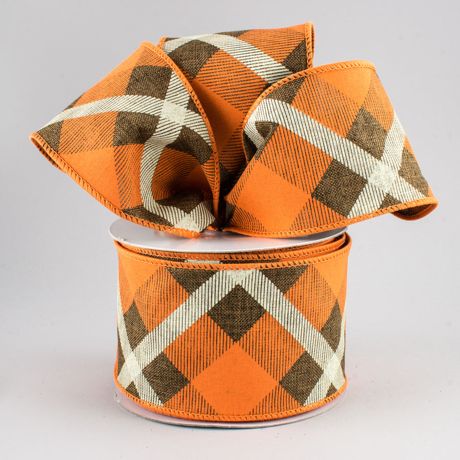 2.5" Printed Plaid Ribbon: Brown, Orange, Cream (10 Yards)