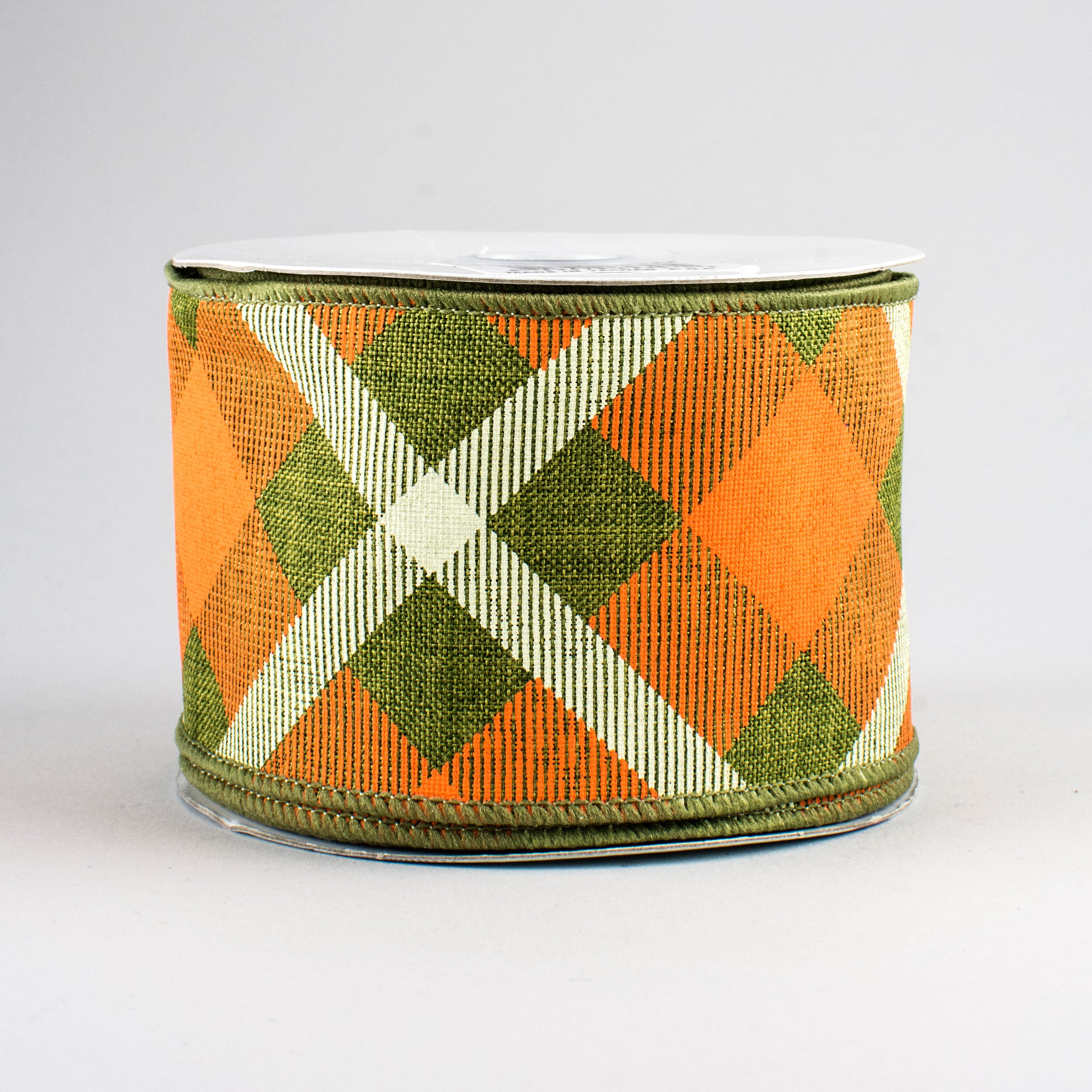 2.5" Printed Plaid Ribbon: Fern, Orange, Cream (10 Yards)