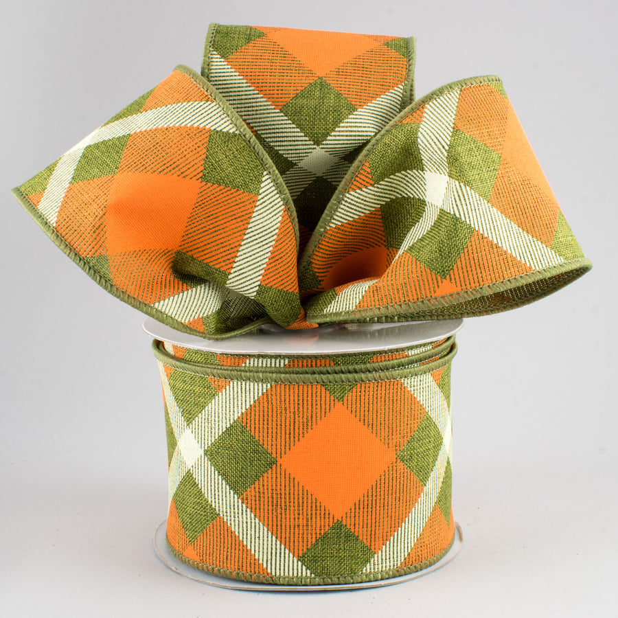 2.5" Printed Plaid Ribbon: Fern, Orange, Cream (10 Yards)