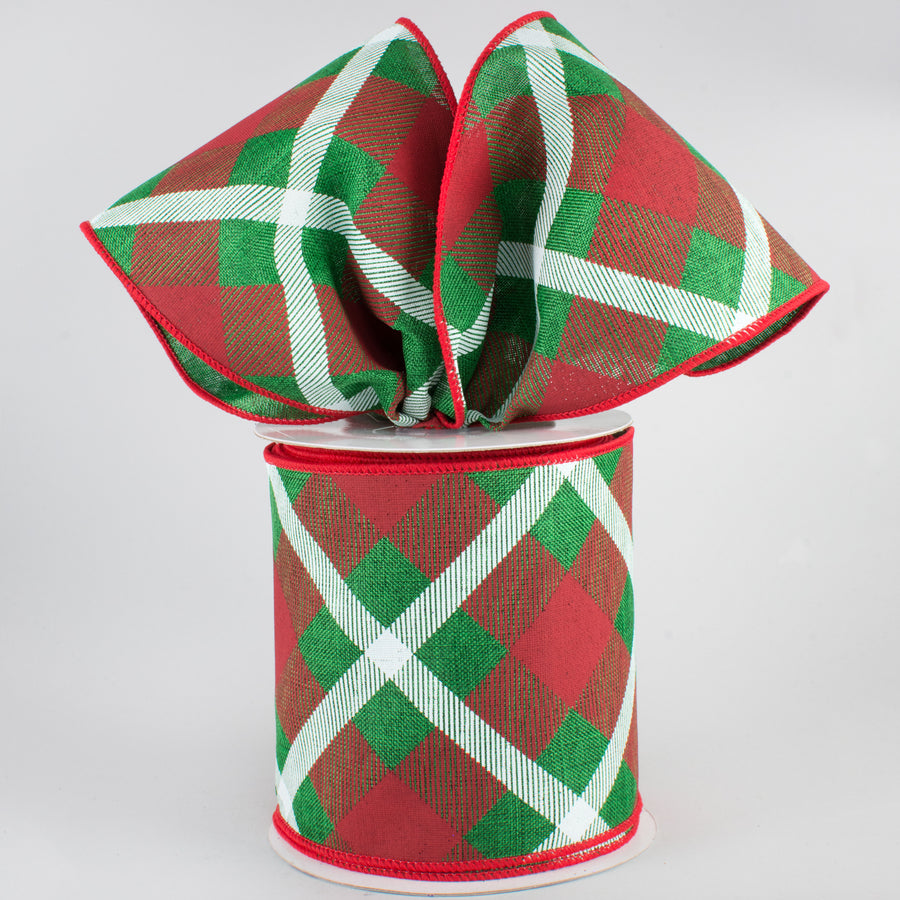 4" Printed Plaid Ribbon: Emerald, Red, White (10 Yards)
