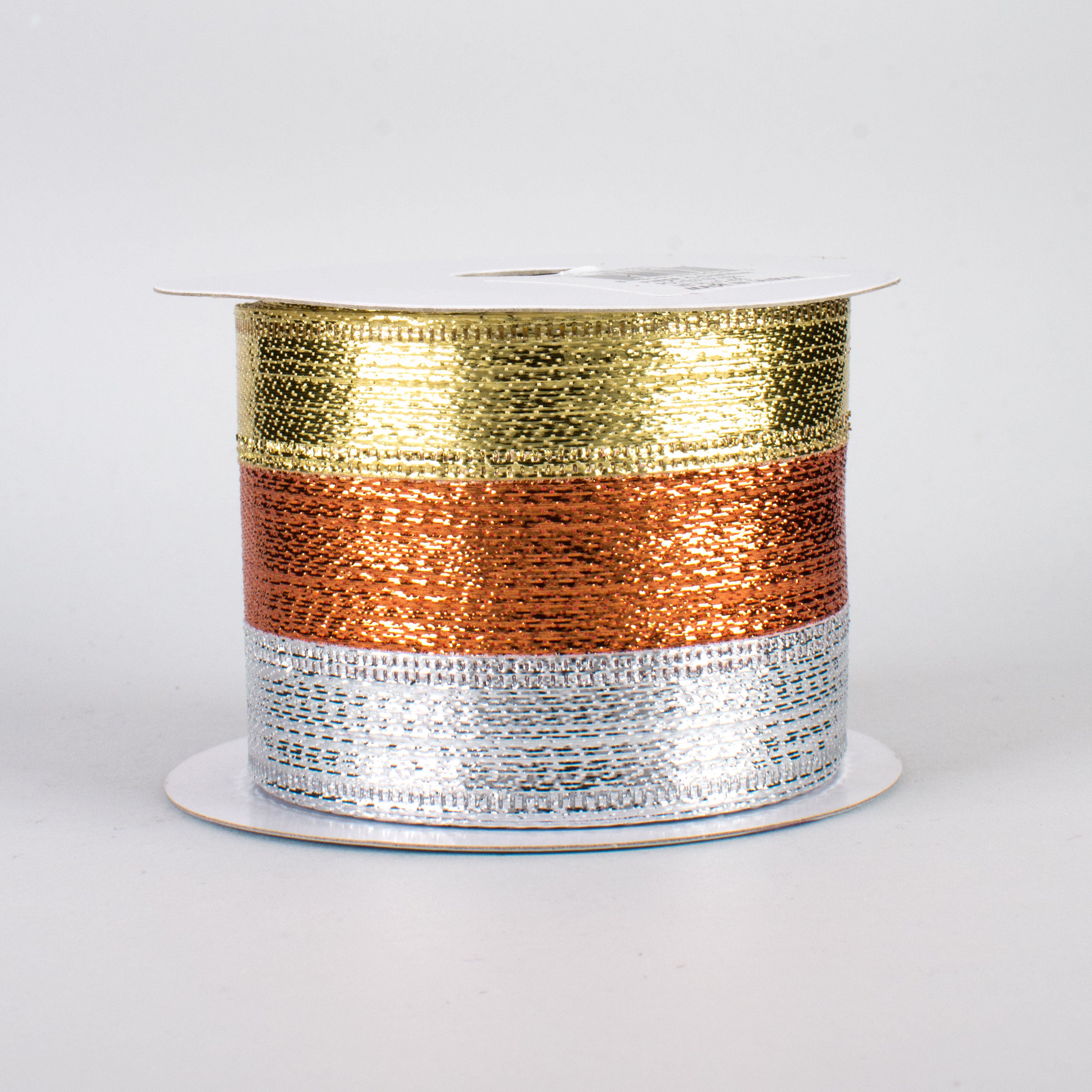 2.5" Stripe Metallic Ribbon: Silver, Copper, Gold (10 Yards)