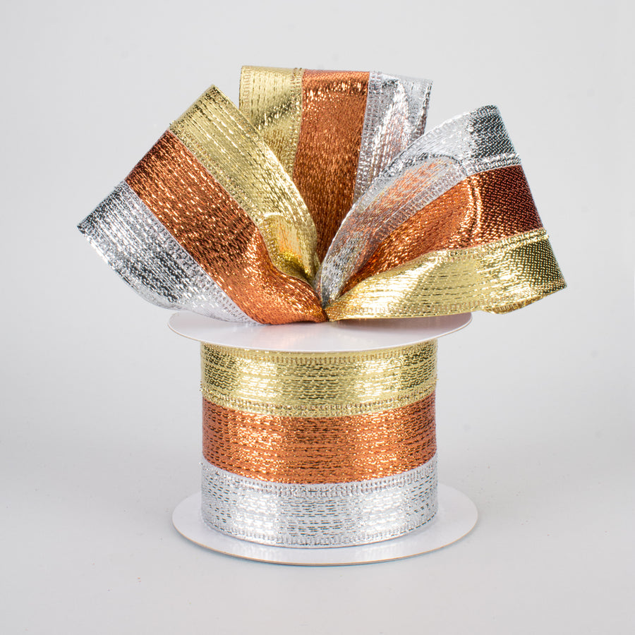 2.5" Stripe Metallic Ribbon: Silver, Copper, Gold (10 Yards)