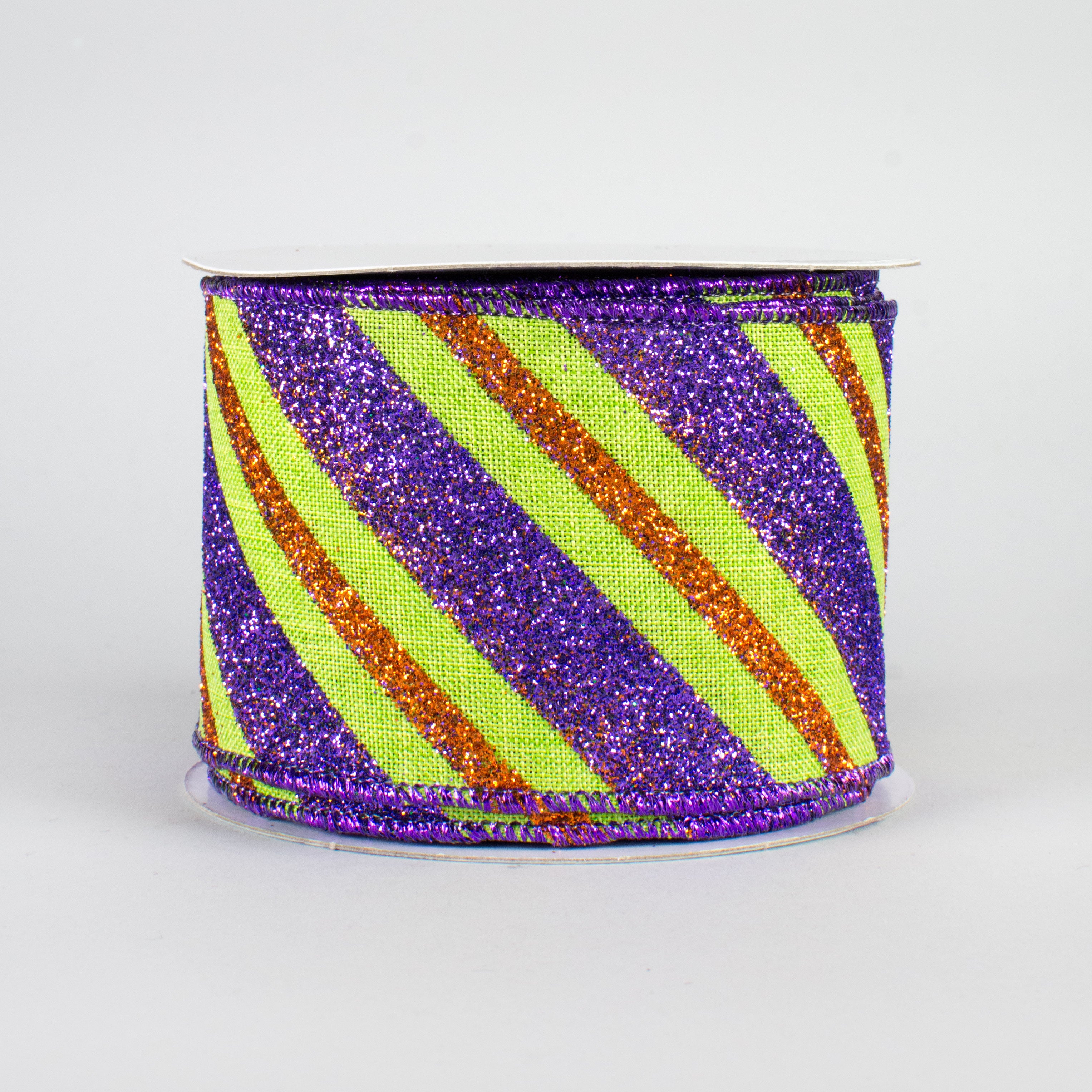 2.5" Diagonal Glitter Stripe Ribbon: Lime, Purple, Orange (10 Yards)