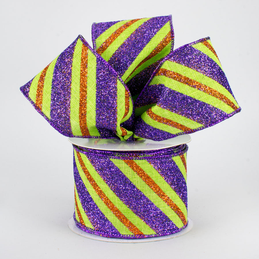 2.5" Diagonal Glitter Stripe Ribbon: Lime, Purple, Orange (10 Yards)