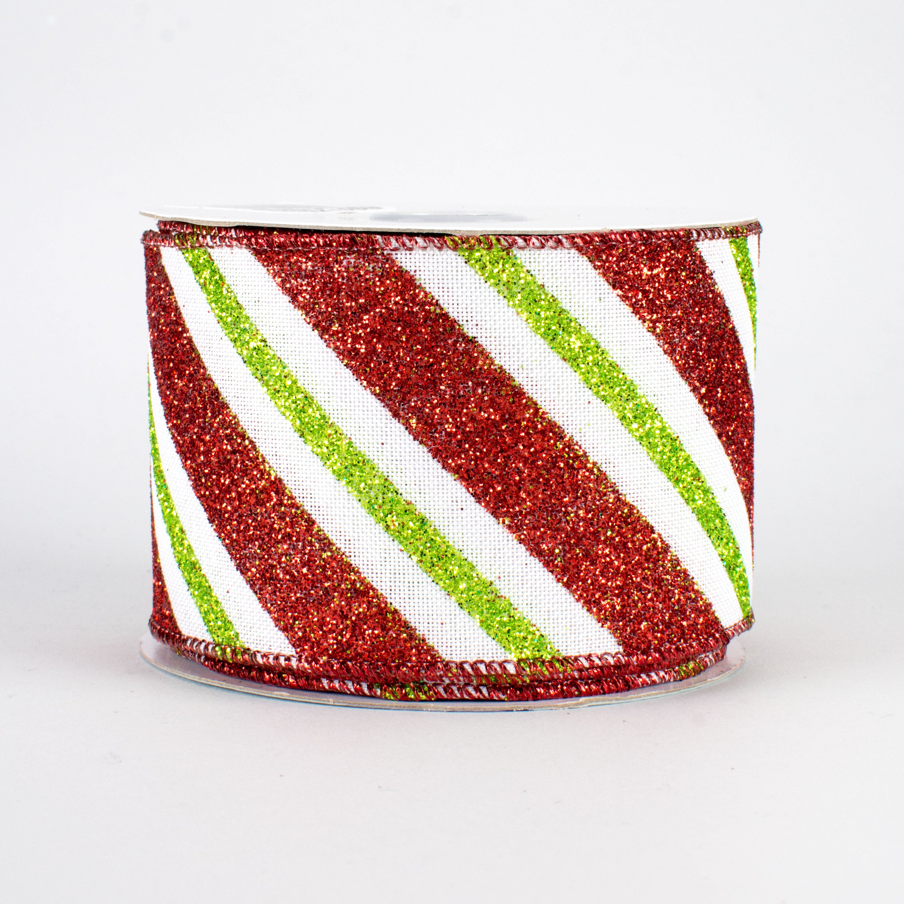 2.5" Diagonal Glitter Stripe Ribbon: White, Red, Lime (10 Yards)