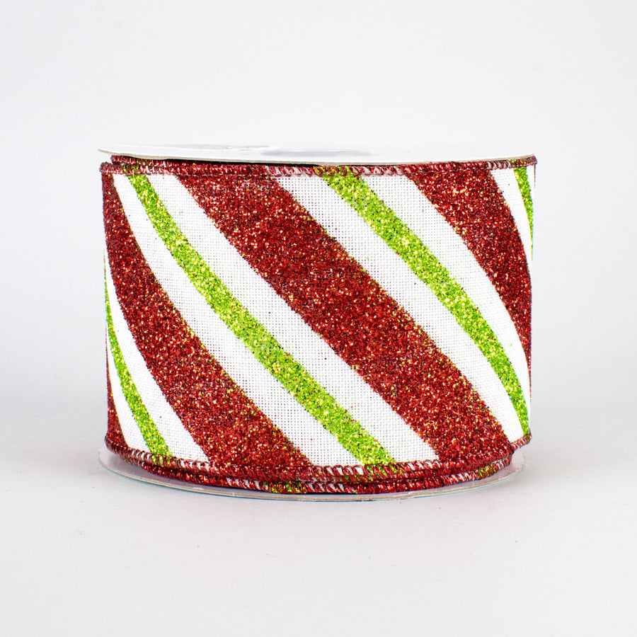 2.5" Diagonal Glitter Stripe Ribbon: White, Red, Lime (10 Yards)