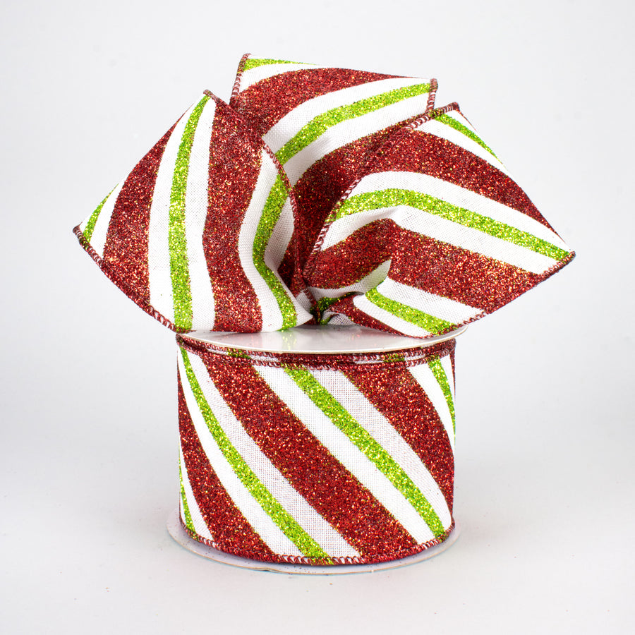 2.5" Diagonal Glitter Stripe Ribbon: White, Red, Lime (10 Yards)