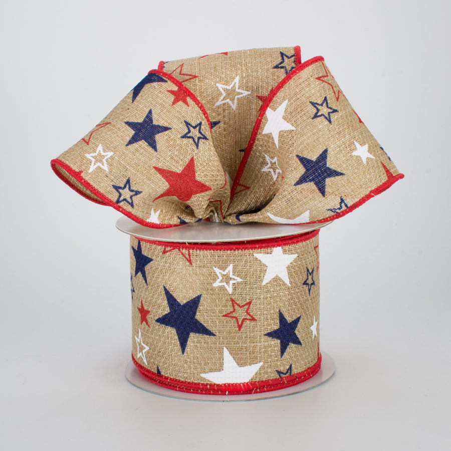 2.5" Royal Faux Burlap Stars Ribbon: RWB (10 Yards)
