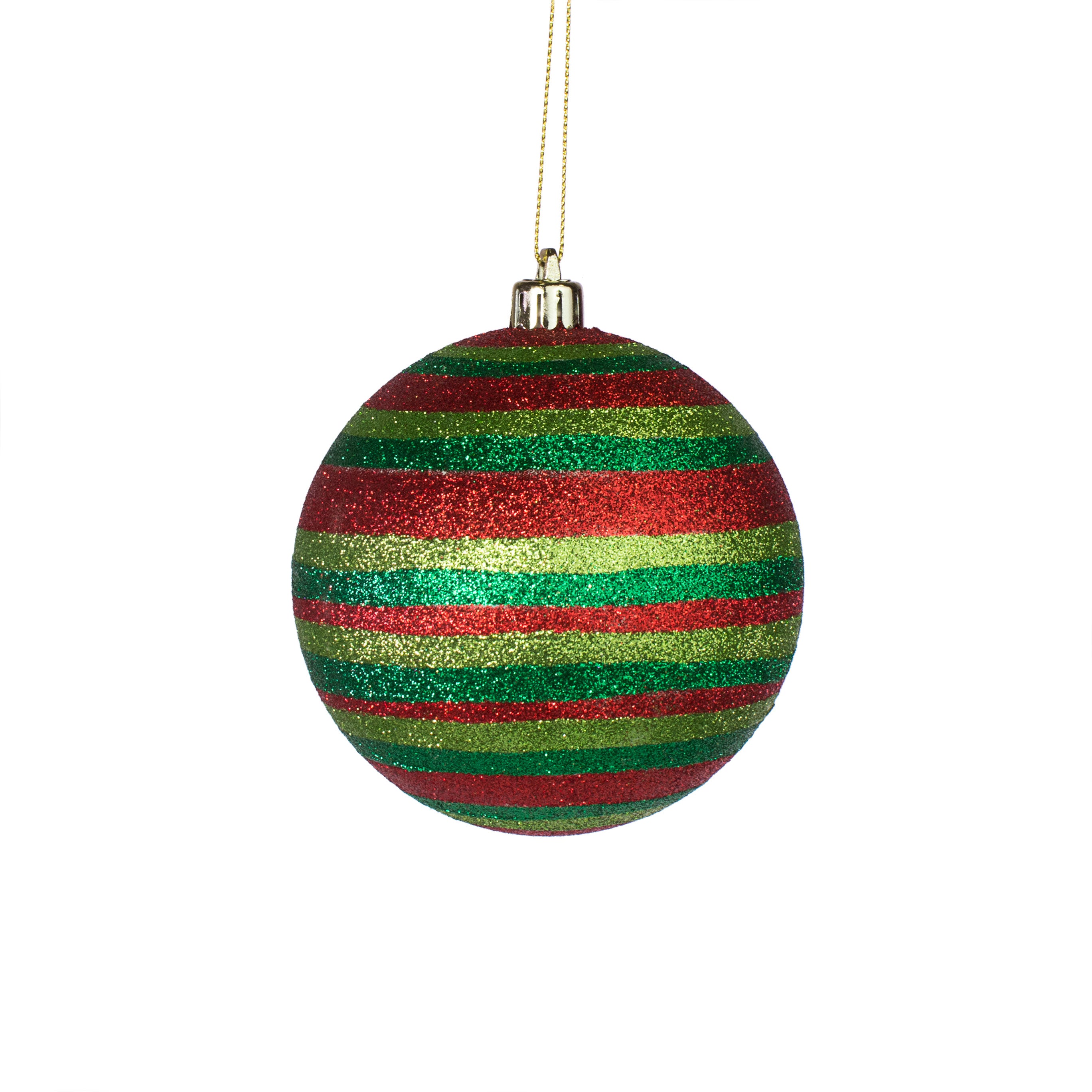 100MM Horizontal Stripe Glitter Ball Ornament: Red, Lime, Emerald