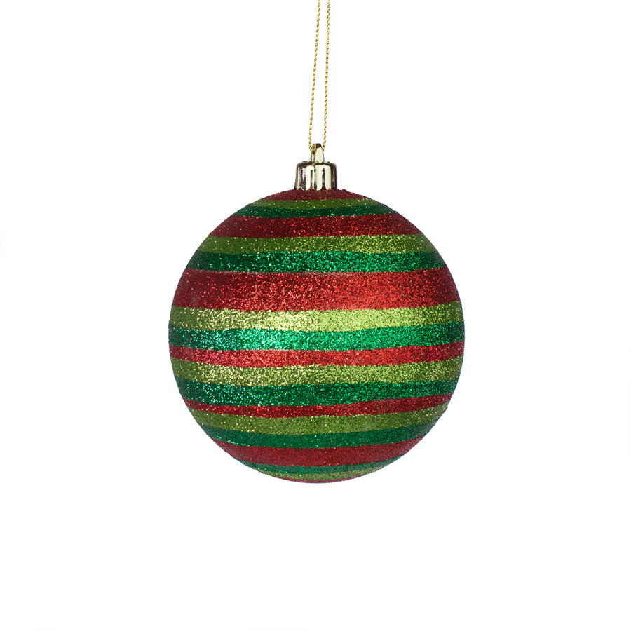100MM Horizontal Stripe Glitter Ball Ornament: Red, Lime, Emerald
