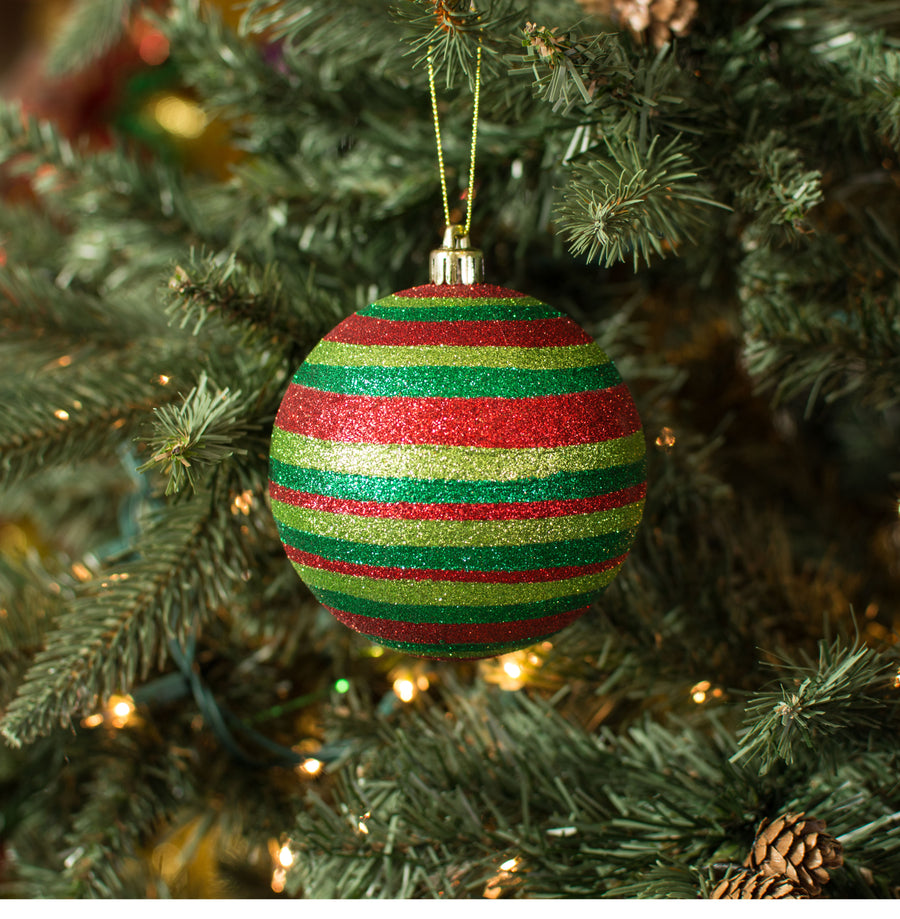 100MM Horizontal Stripe Glitter Ball Ornament: Red, Lime, Emerald