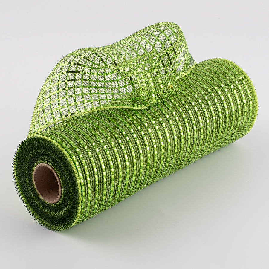 10" Poly Deco Mesh: Wide Foil Metallic Lime With Moss & Apple