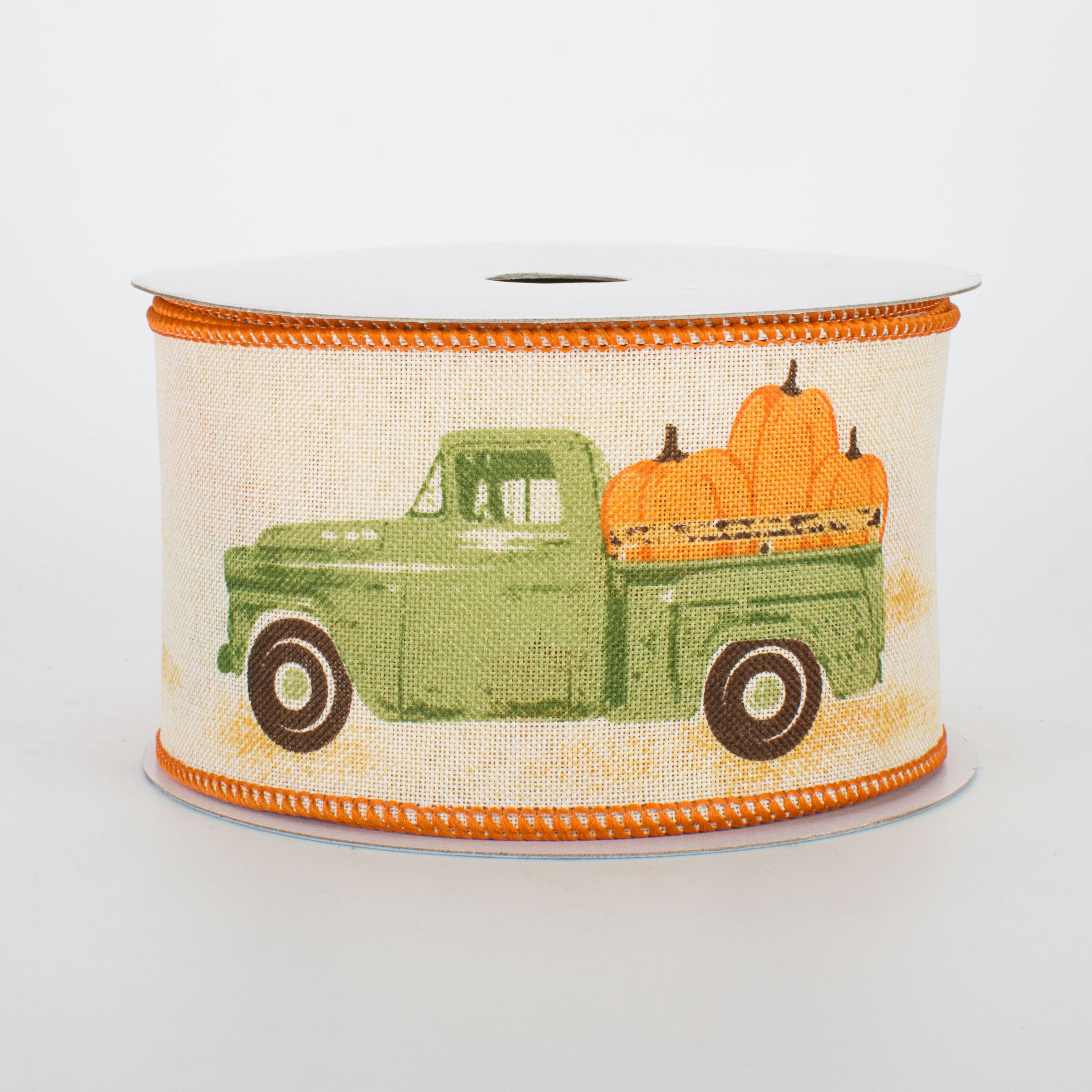 2.5" Vintage Truck With Pumpkins Ribbon: Cream & Green (10 Yards)