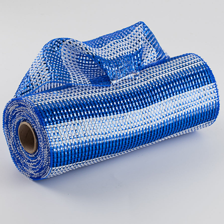 10" Poly Deco Mesh: Horizontal Stripe Wide Foil Blue & White