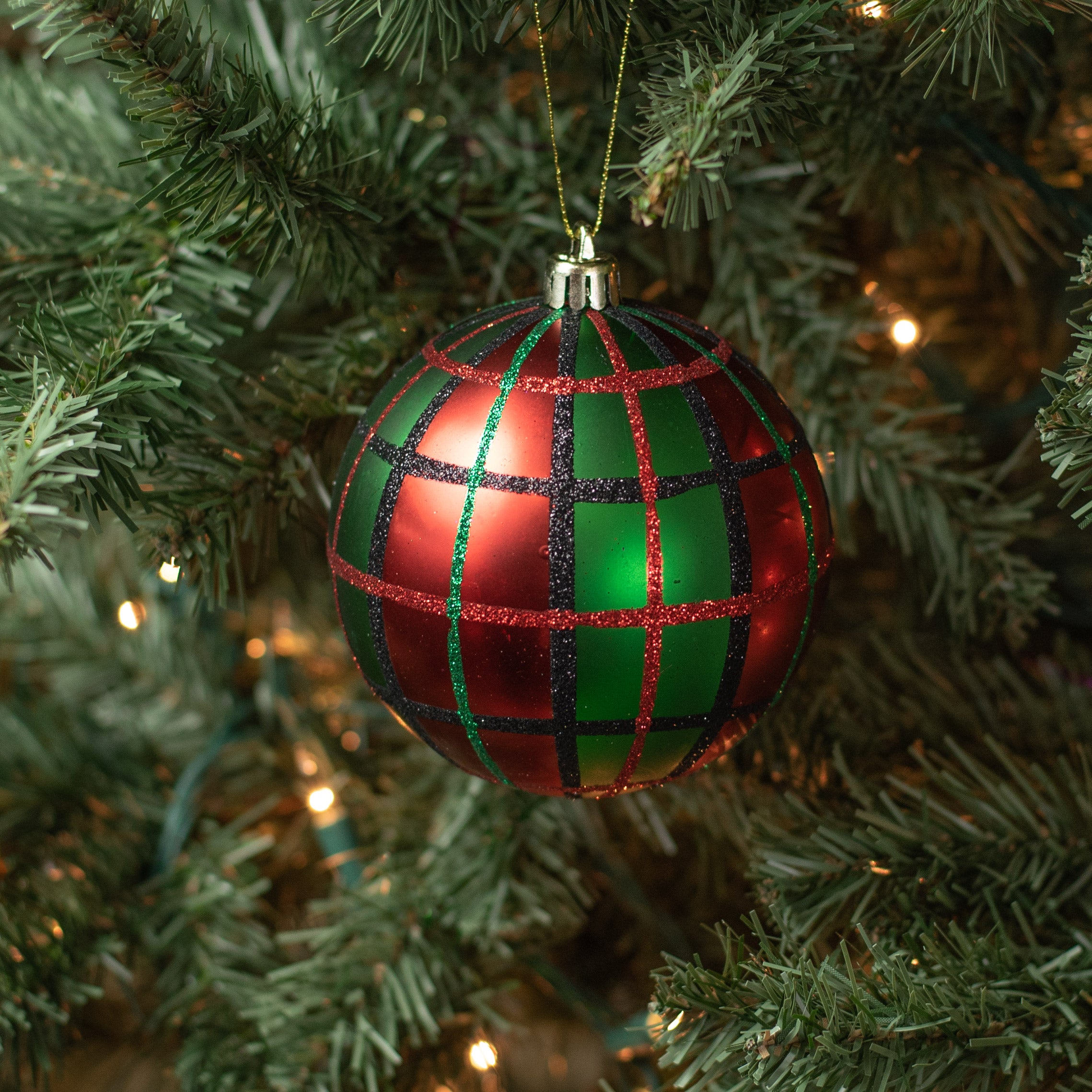 100MM Plaid Ball Ornament: Red, Emerald, Black