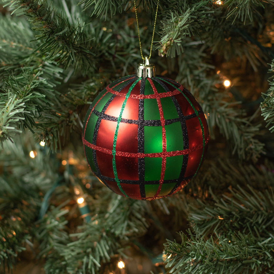 100MM Plaid Ball Ornament: Red, Emerald, Black