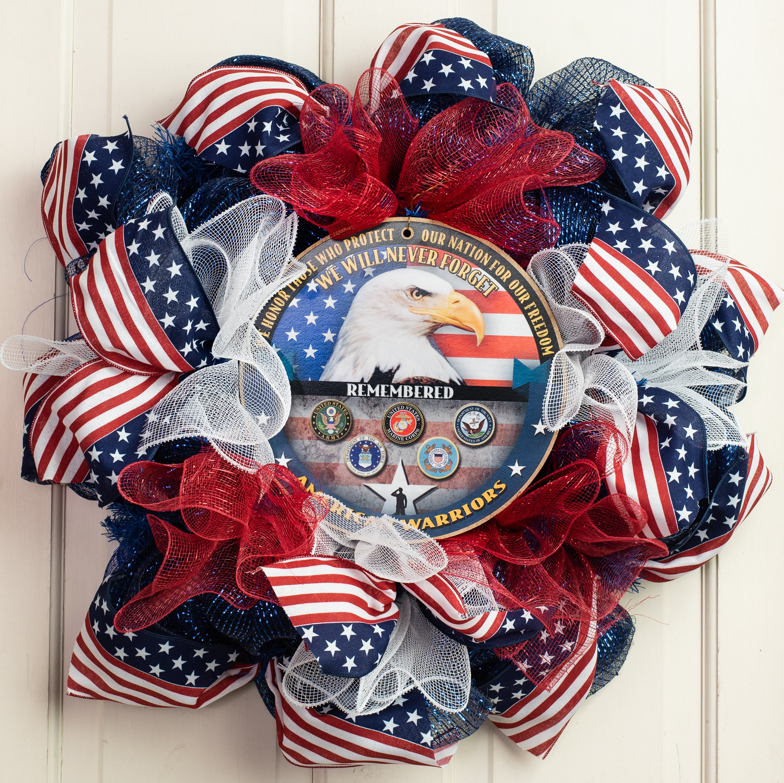 10" Round Wooden Sign: Never Forget Our Warriors