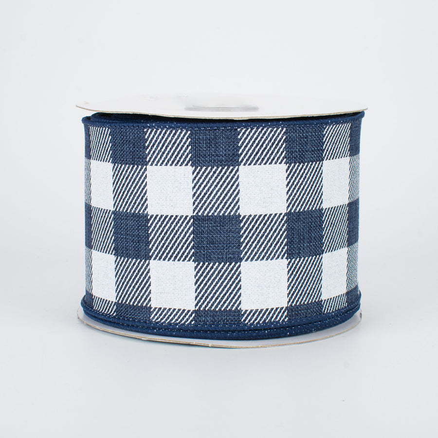 2.5" Printed Plaid Check Ribbon: Navy & White (10 Yards)