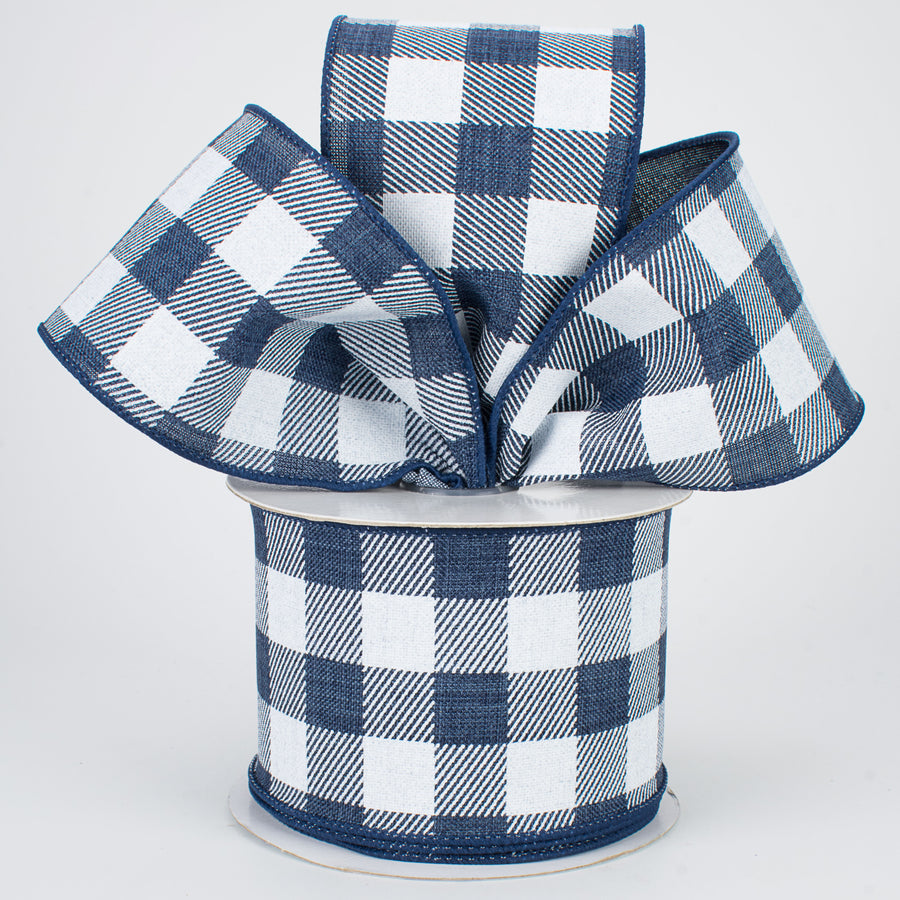 2.5" Printed Plaid Check Ribbon: Navy & White (10 Yards)