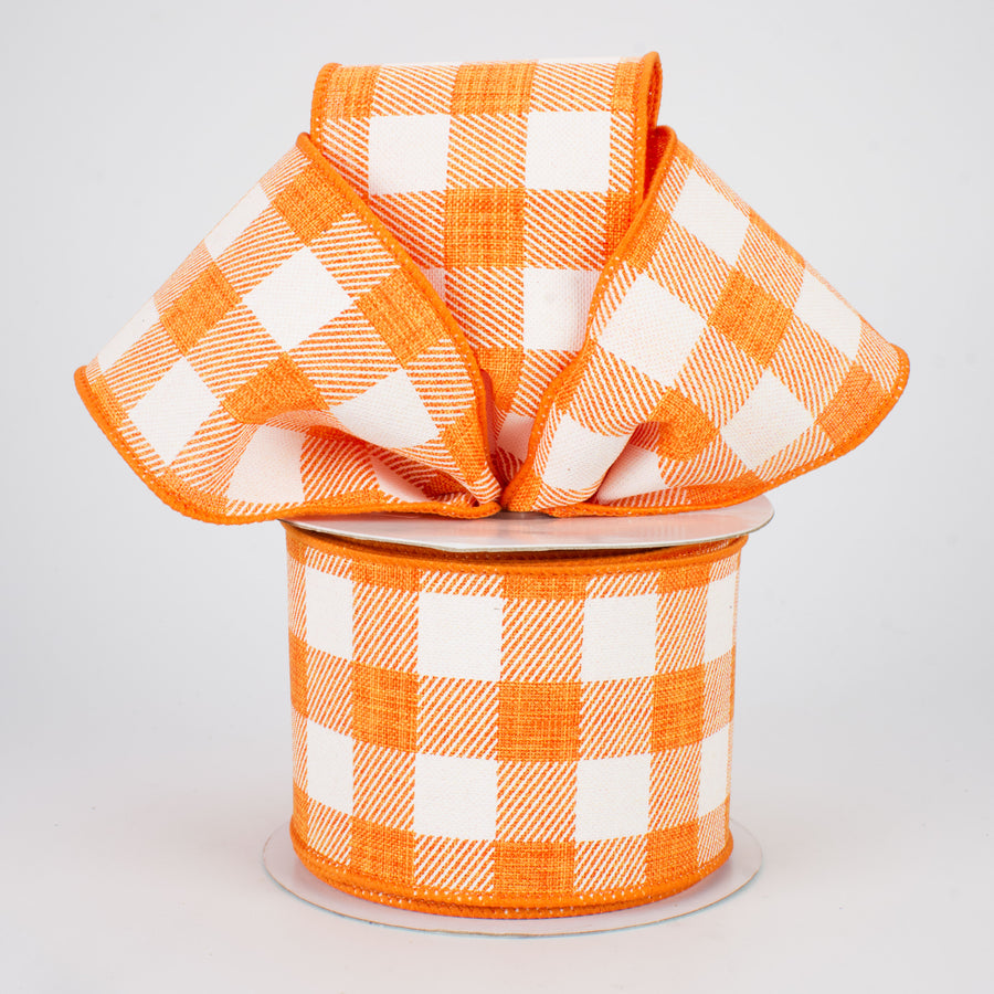 2.5" Printed Plaid Check Ribbon: Orange & White (10 Yards)