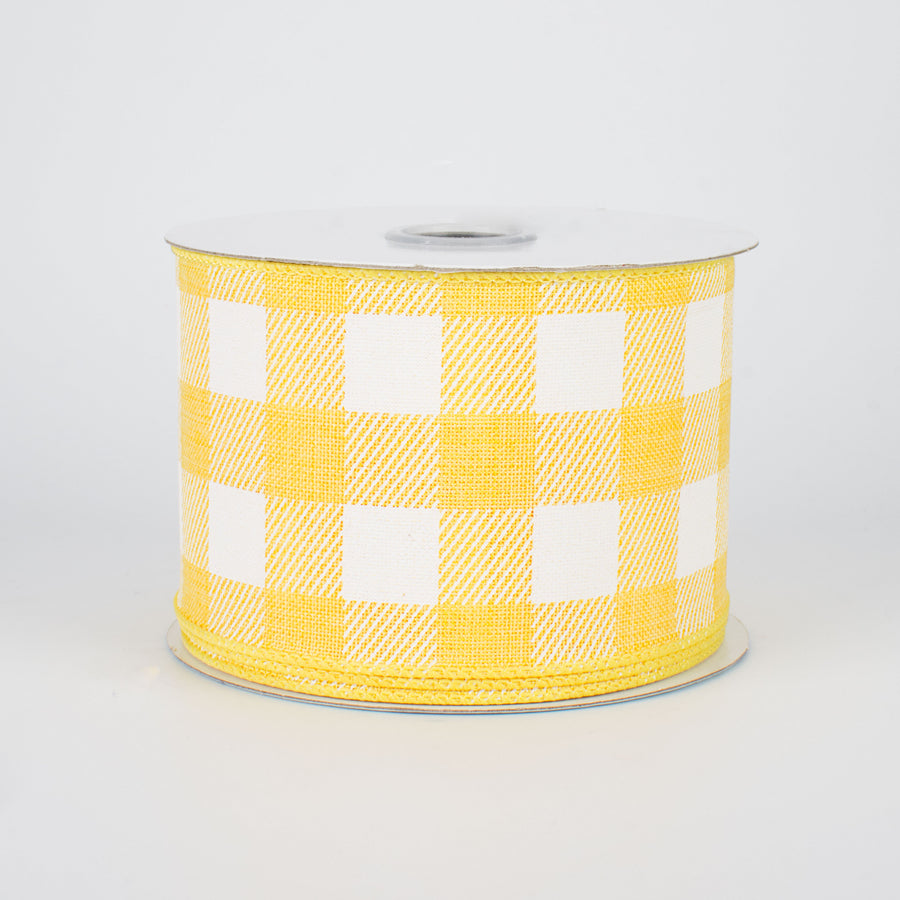 2.5" Printed Plaid Check Ribbon: Yellow & White (10 Yards)