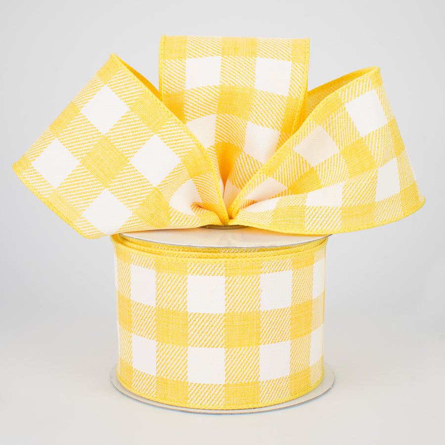 2.5" Printed Plaid Check Ribbon: Yellow & White (10 Yards)
