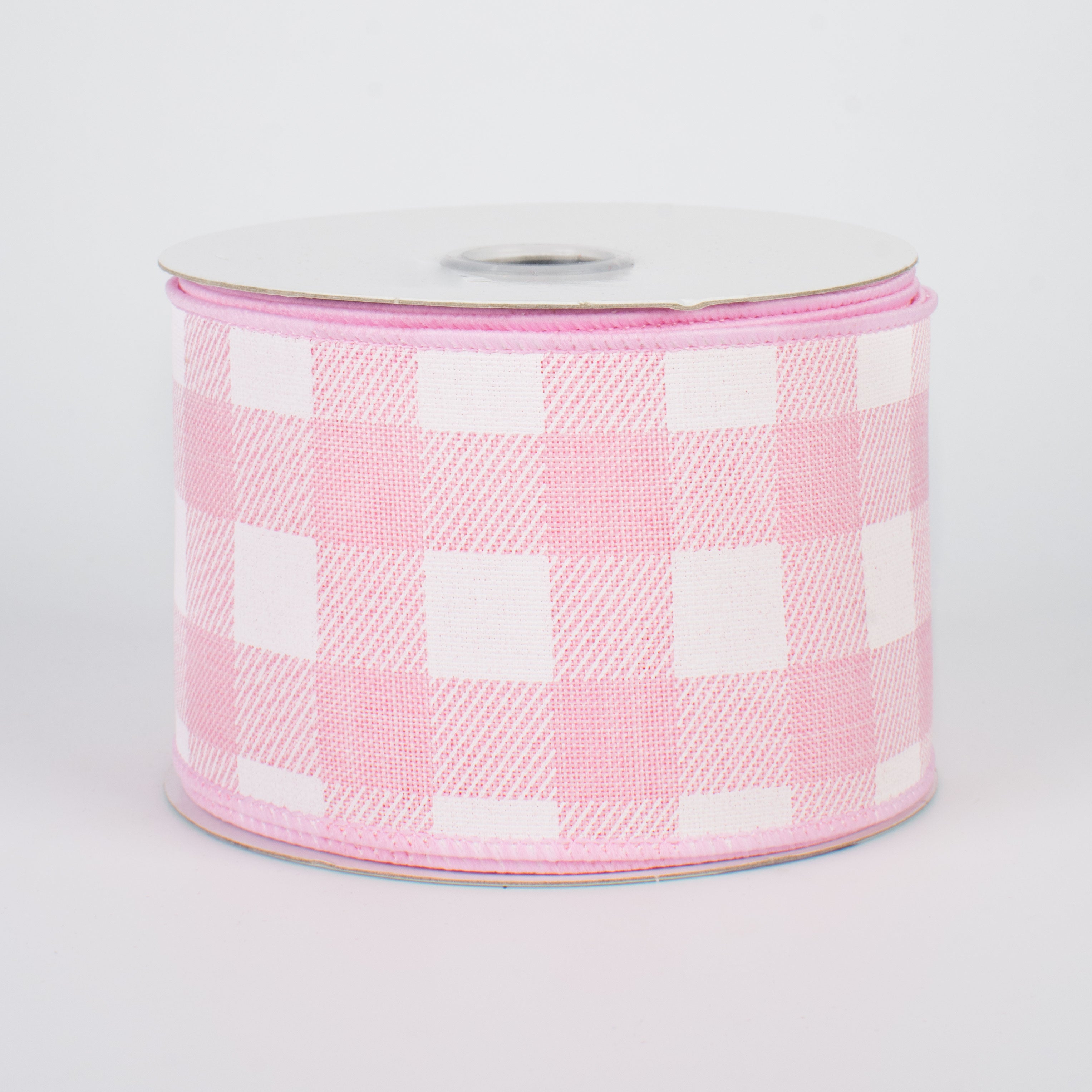 2.5" Printed Plaid Check Ribbon: Pink & White (10 Yards)