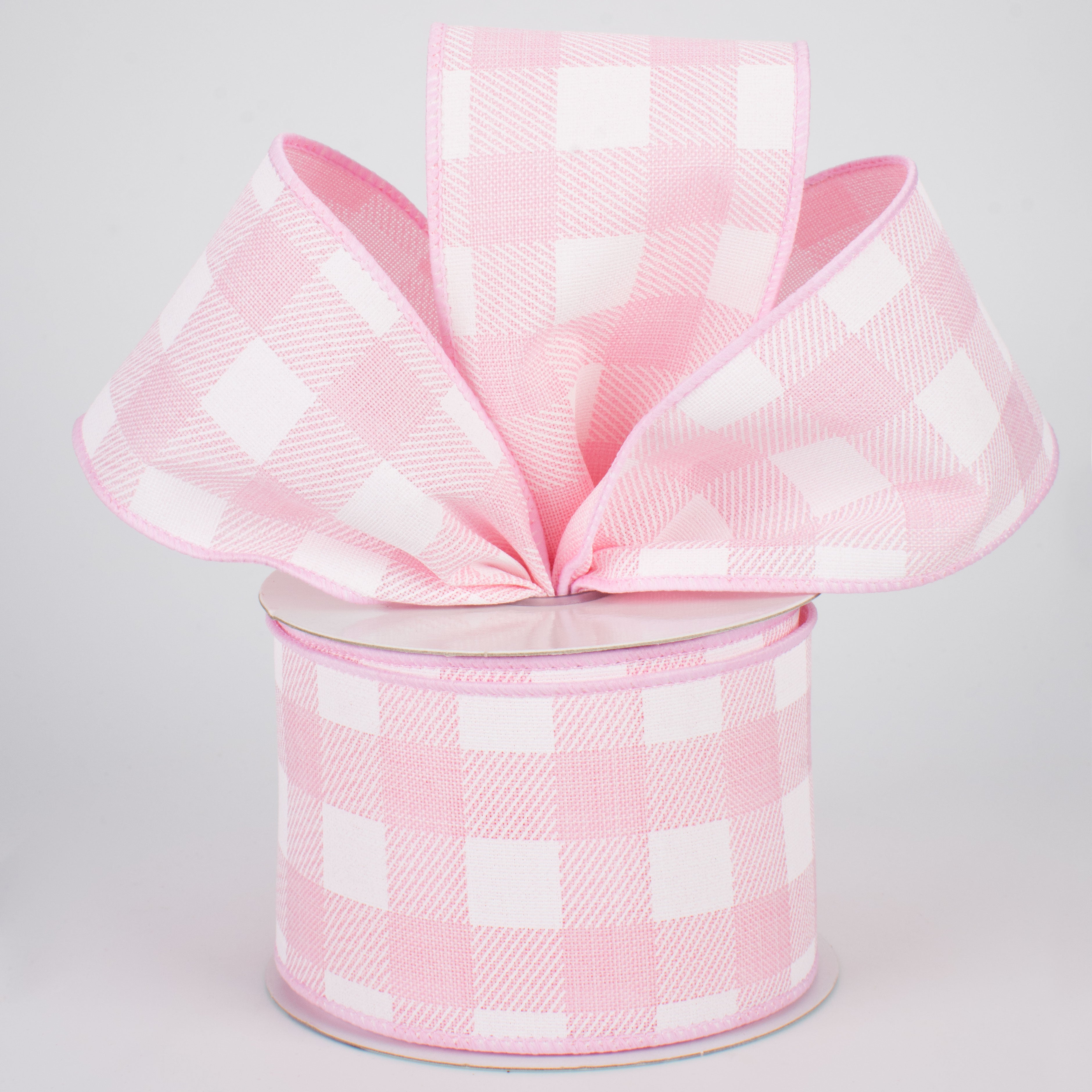 2.5" Printed Plaid Check Ribbon: Pink & White (10 Yards)