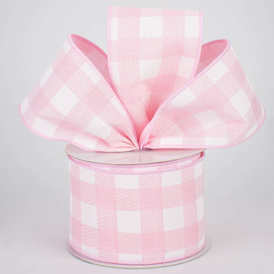 2.5" Printed Plaid Check Ribbon: Pink & White (10 Yards)