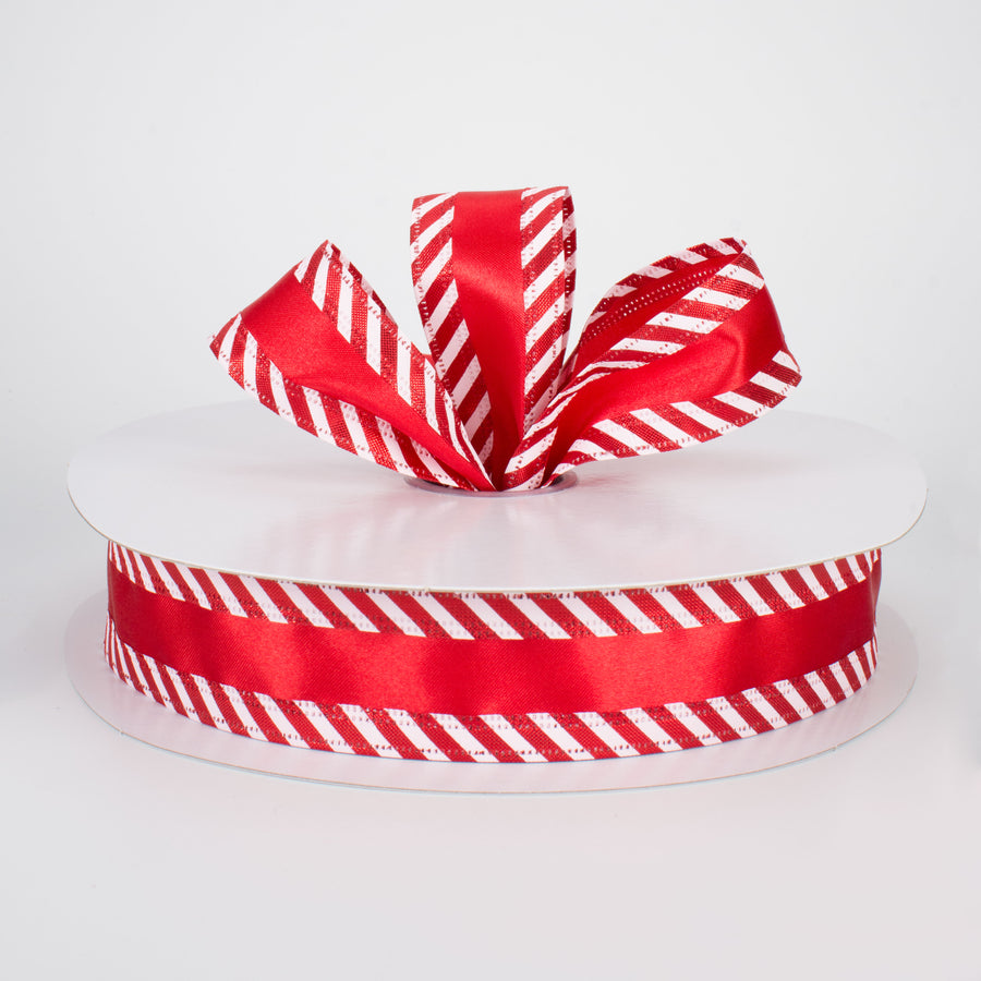 1.5" Red Satin with Candy Cane Edge Ribbon (50 Yards)