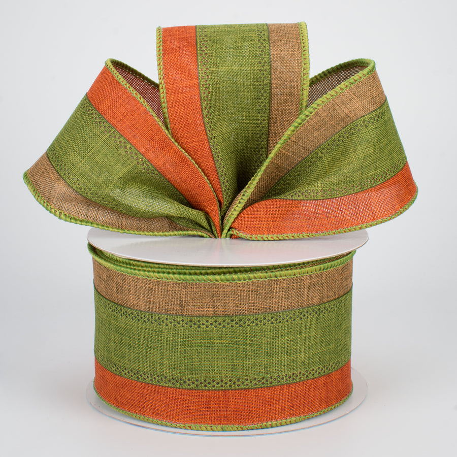2.5" Tricolor Striped Ribbon: Brown, Rust, Moss (10 Yards)