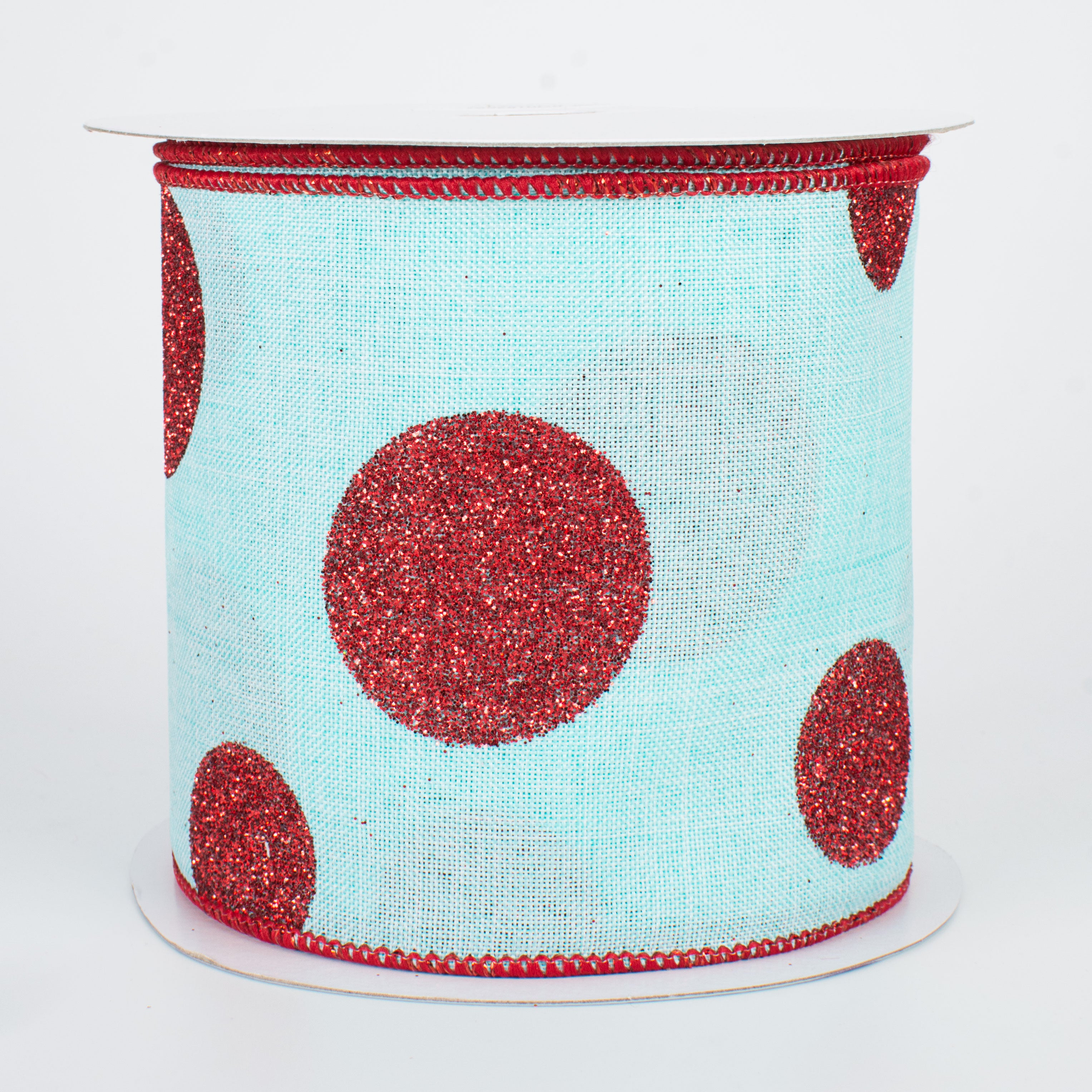 4" Multi Glitter Dots Canvas Ribbon: Red on Ice Blue (10 Yards)
