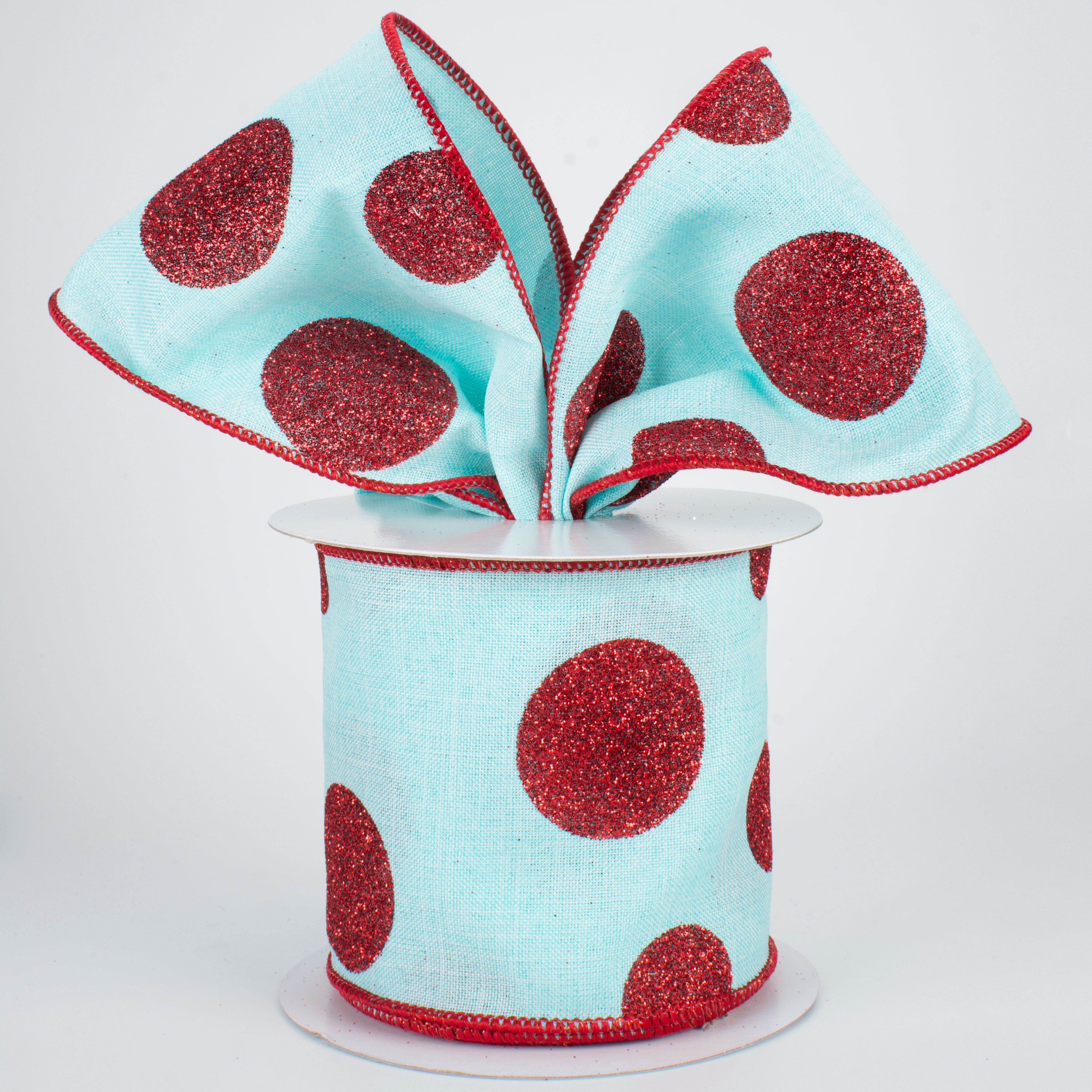 4" Multi Glitter Dots Canvas Ribbon: Red on Ice Blue (10 Yards)