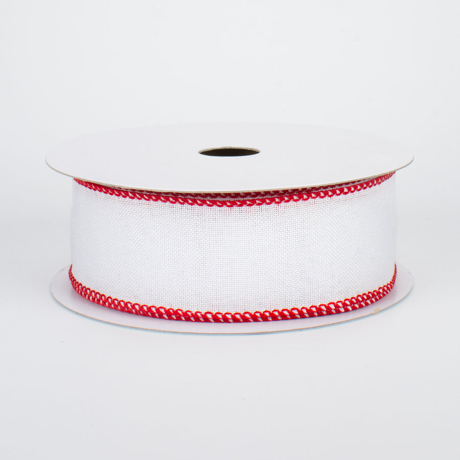1.5" Stitched Edge Ribbon: White & Red (10 Yards)