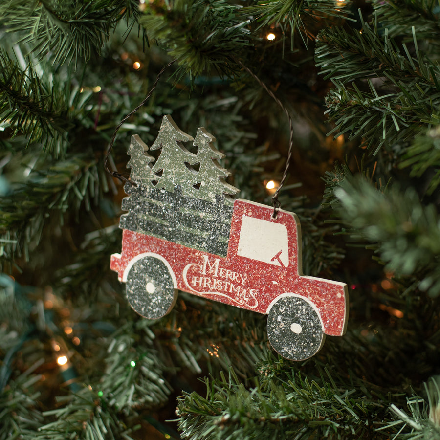 5" Wooden Merry Christmas Truck Ornament